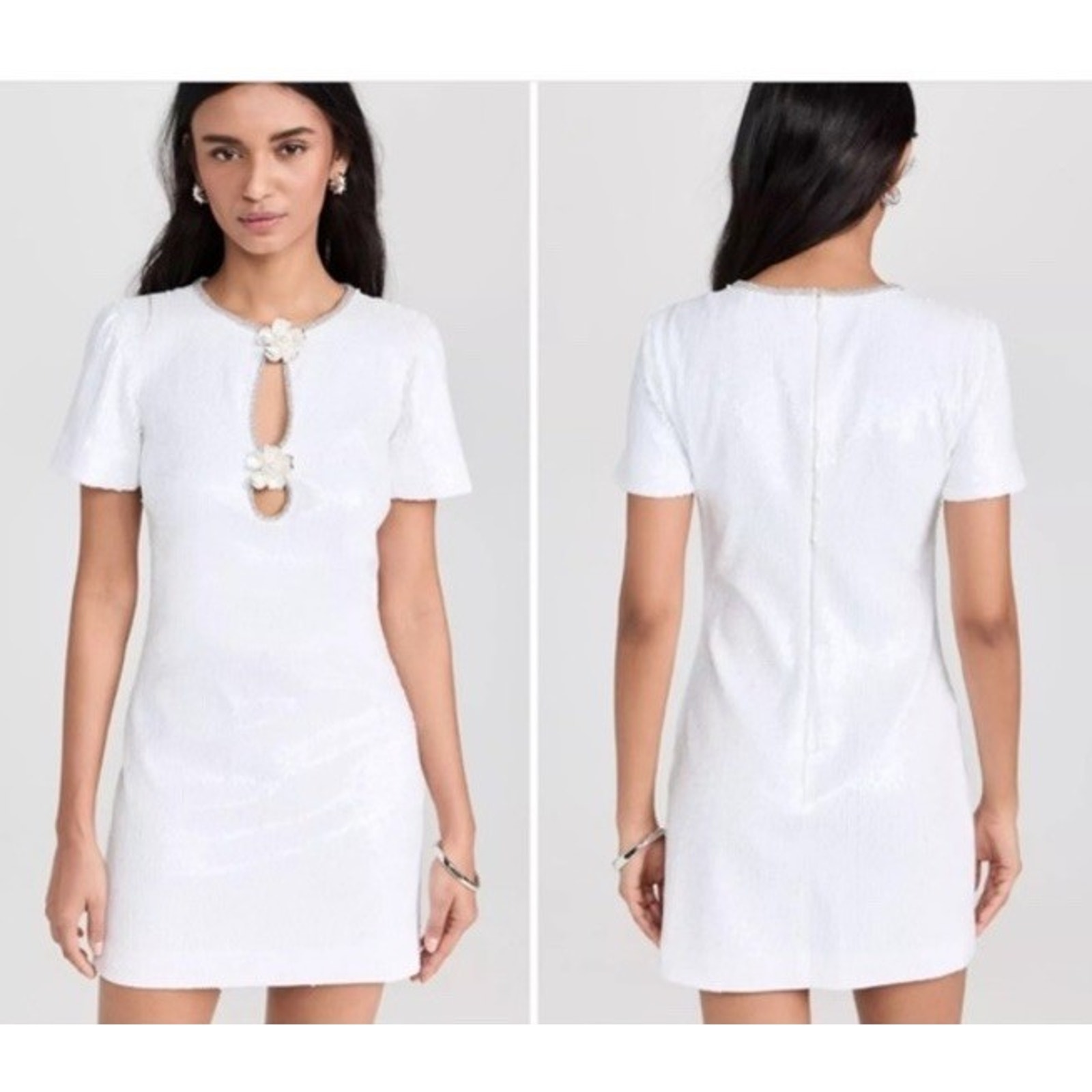 Self-Portrait White Floral-Trim Textured Mini Dress